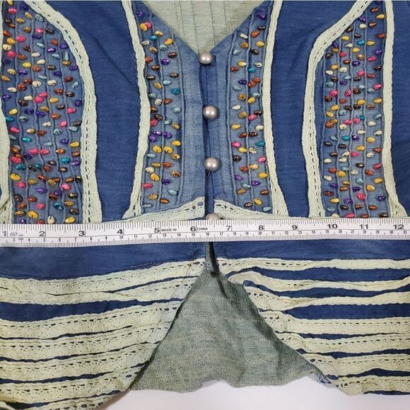 Freda Five Beaded Stretch Denim Boho Art to Wear Distressed Jacket - Picture 6 of 10